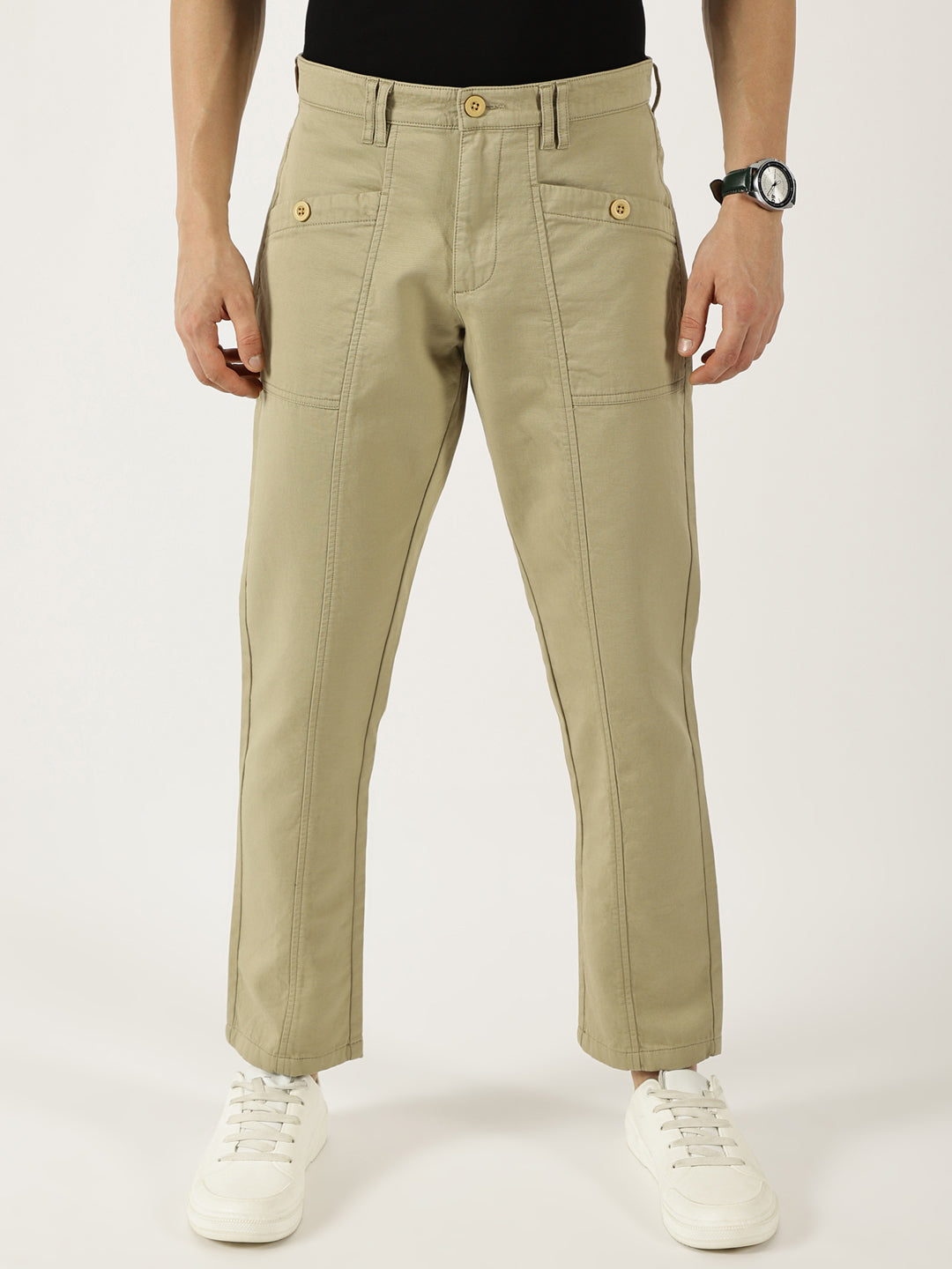 Thomas Scott Men Beige Smart Easy Wash Cargos Trousers