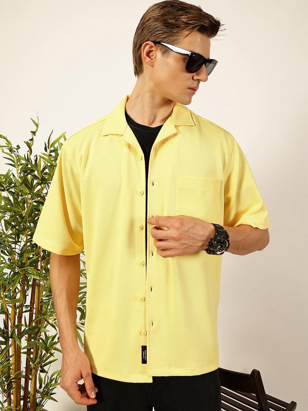 Thomas Scott Men Yellow Premium Short Sleeves Regular Fit Cuban Collar Textured Cotton Twill Shirt