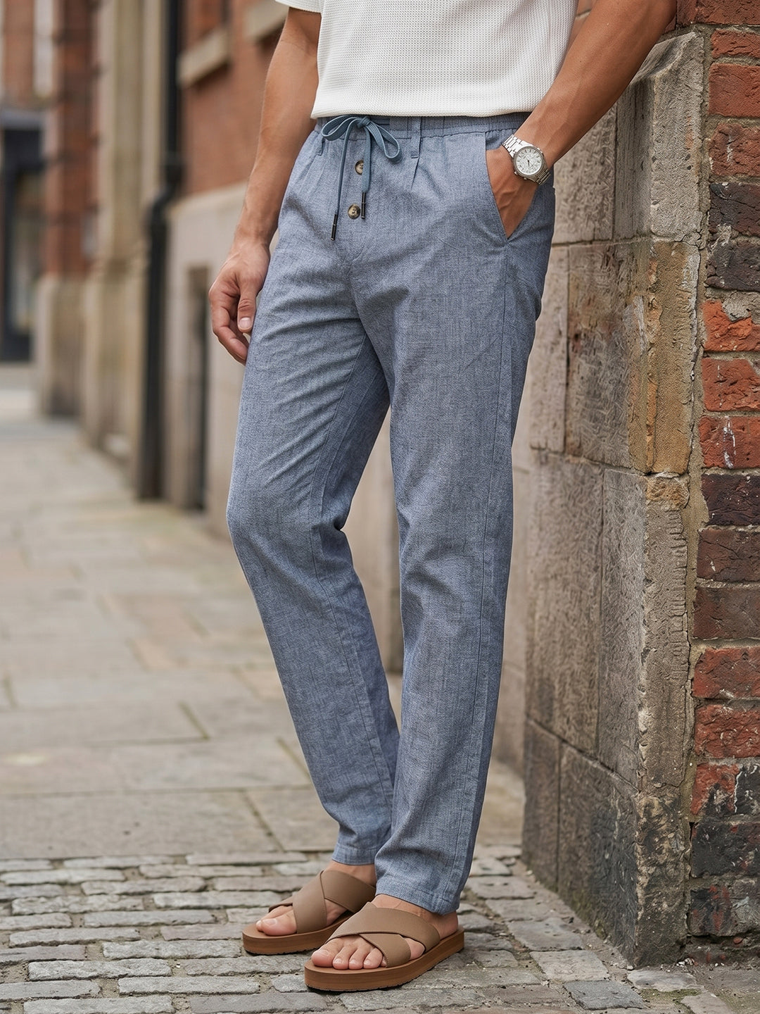 Thomas Scott Men Navy Smart Relaxed Fit Mid-Rise Solid Cotton Linen Pleated Casual Trousers