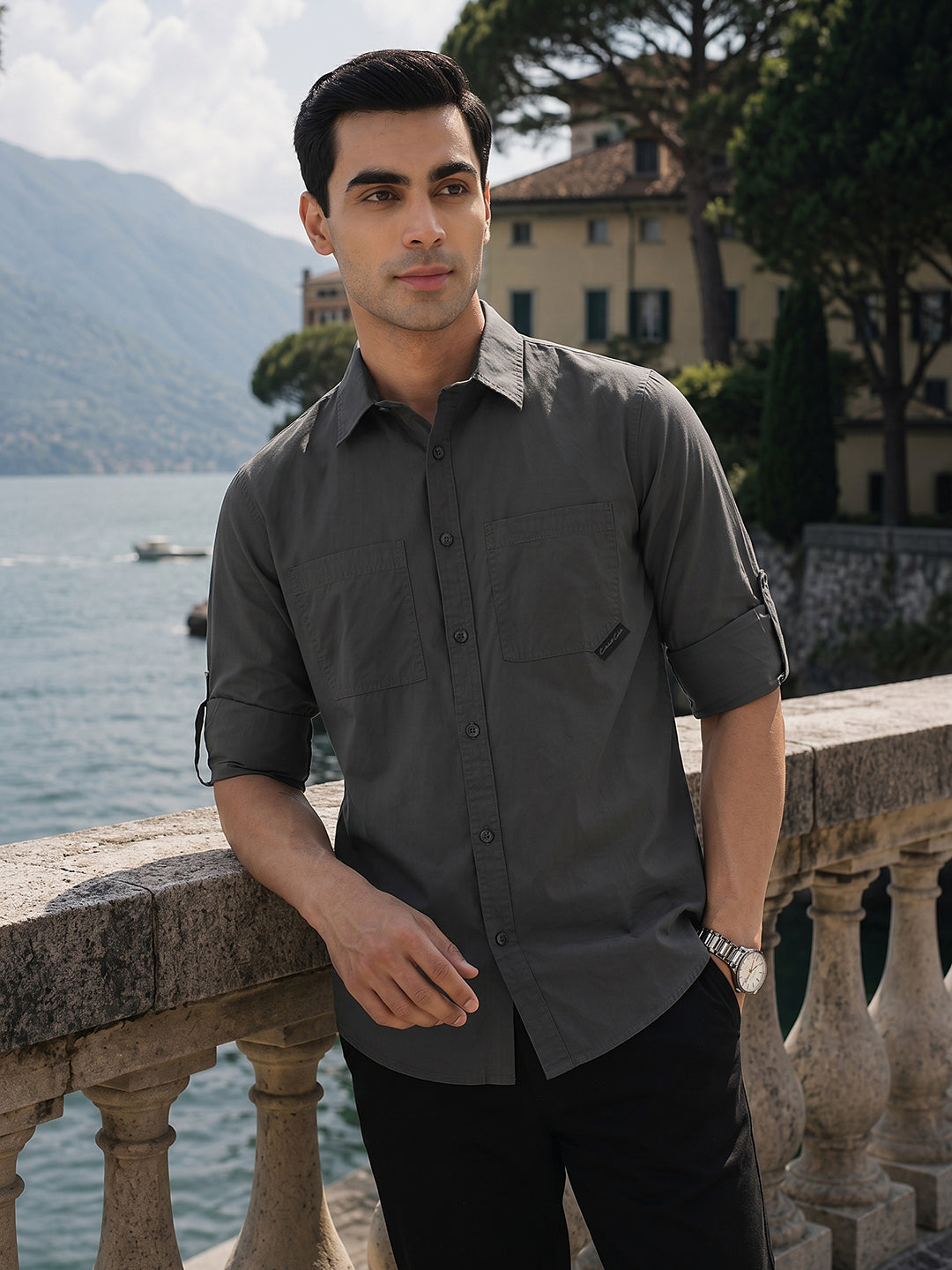 Thomas Scott Men Premium Dark Grey Slim Fit Long Roll-Up Sleeves Spread Collar Solid Cotton Casual Shirts
