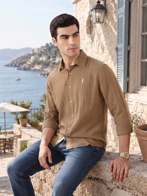 Brown Premium Regular Fit Long Sleeves Spread Collar Solid Cotton Casual Shirt For Men