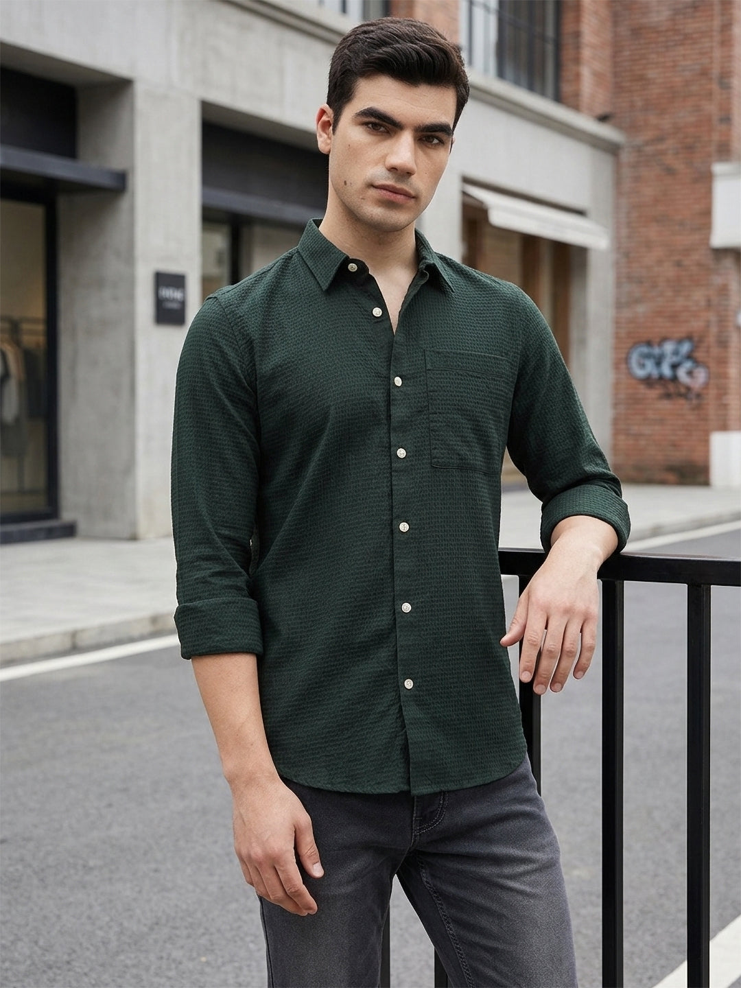 Green Premium Regular Fit Long Sleeves Spread Collar Textured Cotton Casual Shirt For Men