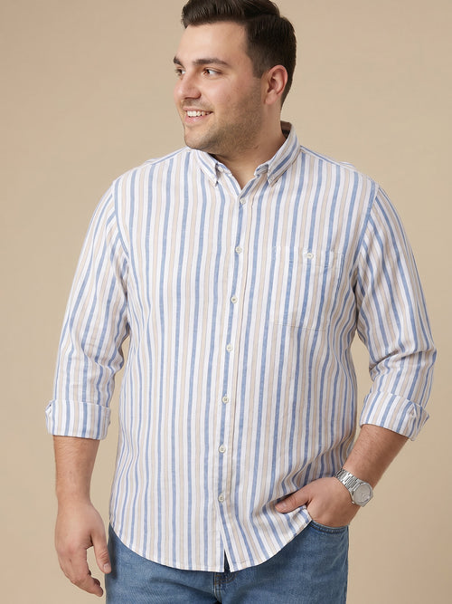 Thomas Scott Men Premium Blue Plus Size Regular Fit Long Sleeves Button Down Collar Vertical Stripes Cotton Linen Casual Shirt