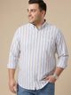 Blue Plus Size Regular Fit Long Sleeves Button Down Collar Vertical Stripes Cotton Linen Casual Shirt For Men