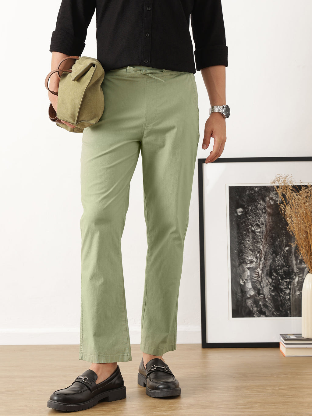 Thomas Scott Men Smart Olive Regular Fit Mid-Rise Solid Woven Cotton Linen Trouser