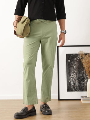 Thomas Scott Men Smart Olive Regular Fit Mid-Rise Solid Woven Cotton Linen Trouser