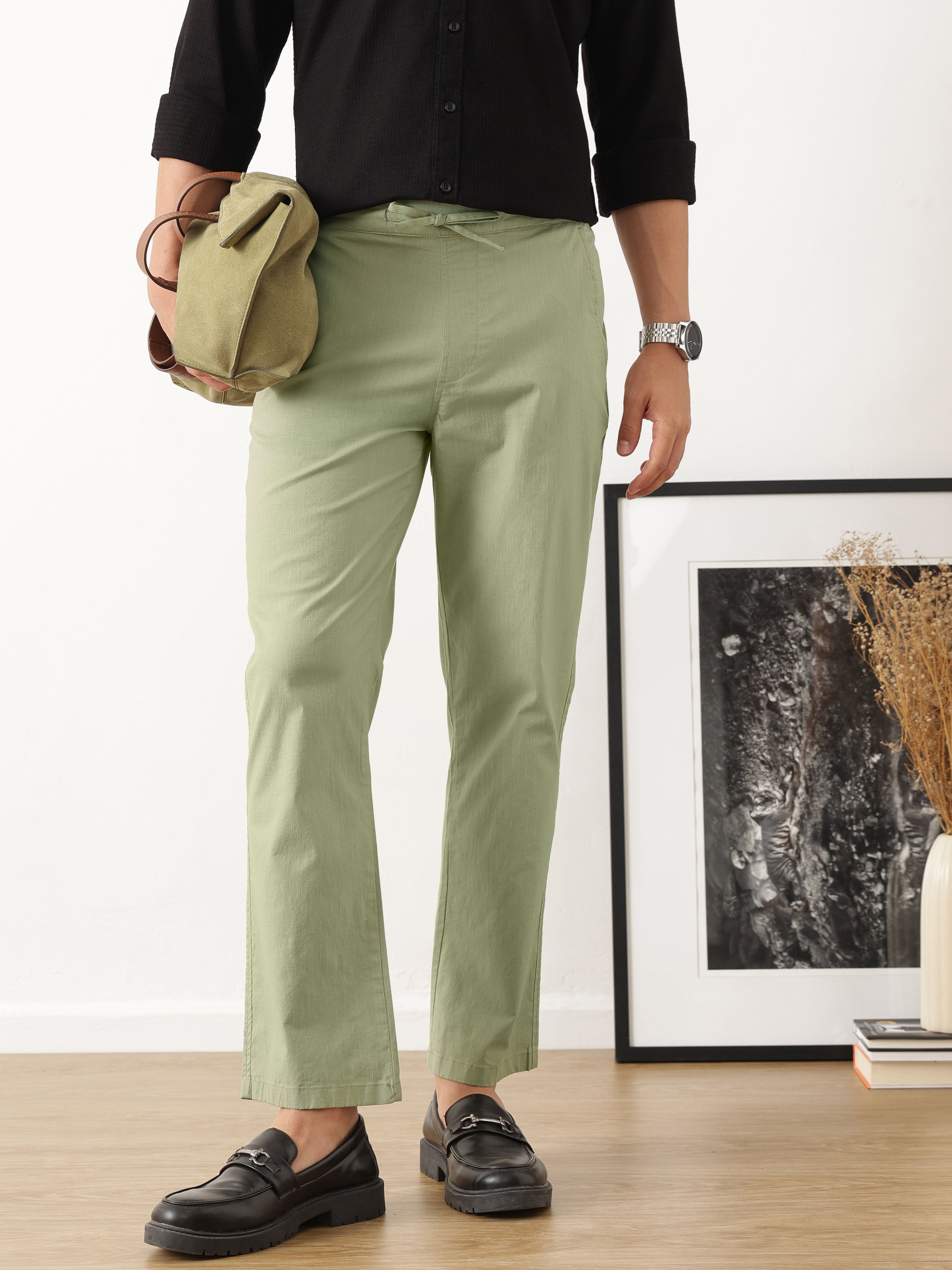 Thomas Scott Men Smart Olive Regular Fit Mid-Rise Solid Woven Cotton Linen Trouser
