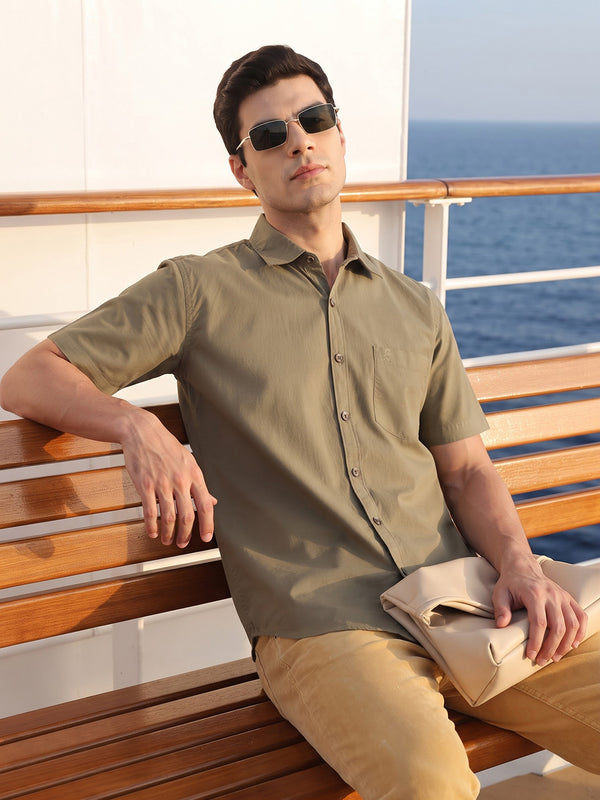 Light Khaki Regular Fit Short Sleeve Spread Collar Solid Oxford Cotton Casual Shirt For Men
