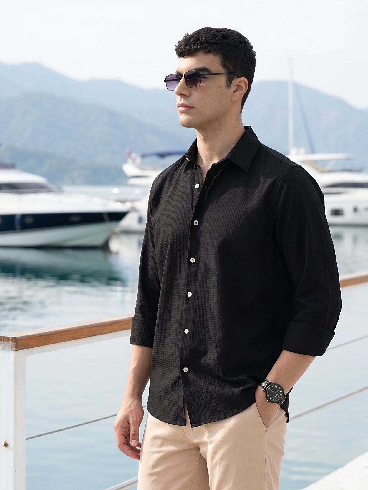 Thomas Scott Men Premium Black Regular Fit Long Sleeves Spread Collar Textured Casual Shirt