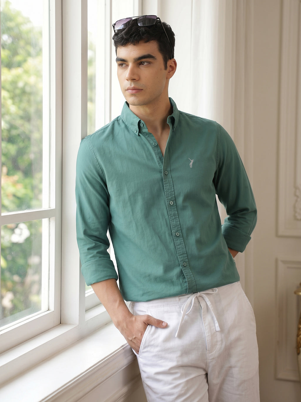 Thomas Scott Men Classic Olive Regular Fit Long Sleeves Button Down Collar Solid Cotton Twill Shirt