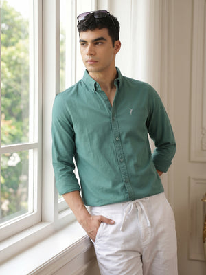Thomas Scott Men Classic Olive Regular Fit Long Sleeves Button Down Collar Solid Cotton Twill Shirt