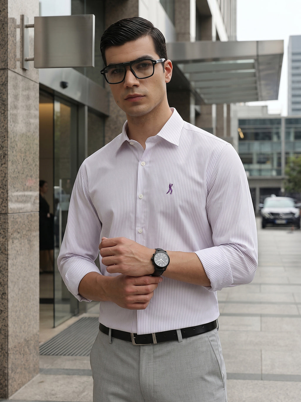 Thomas Scott Men Premium Purple Regular Fit Vertical Striped Cotton Formal Shirt with Spread Collar & Full Sleeves
