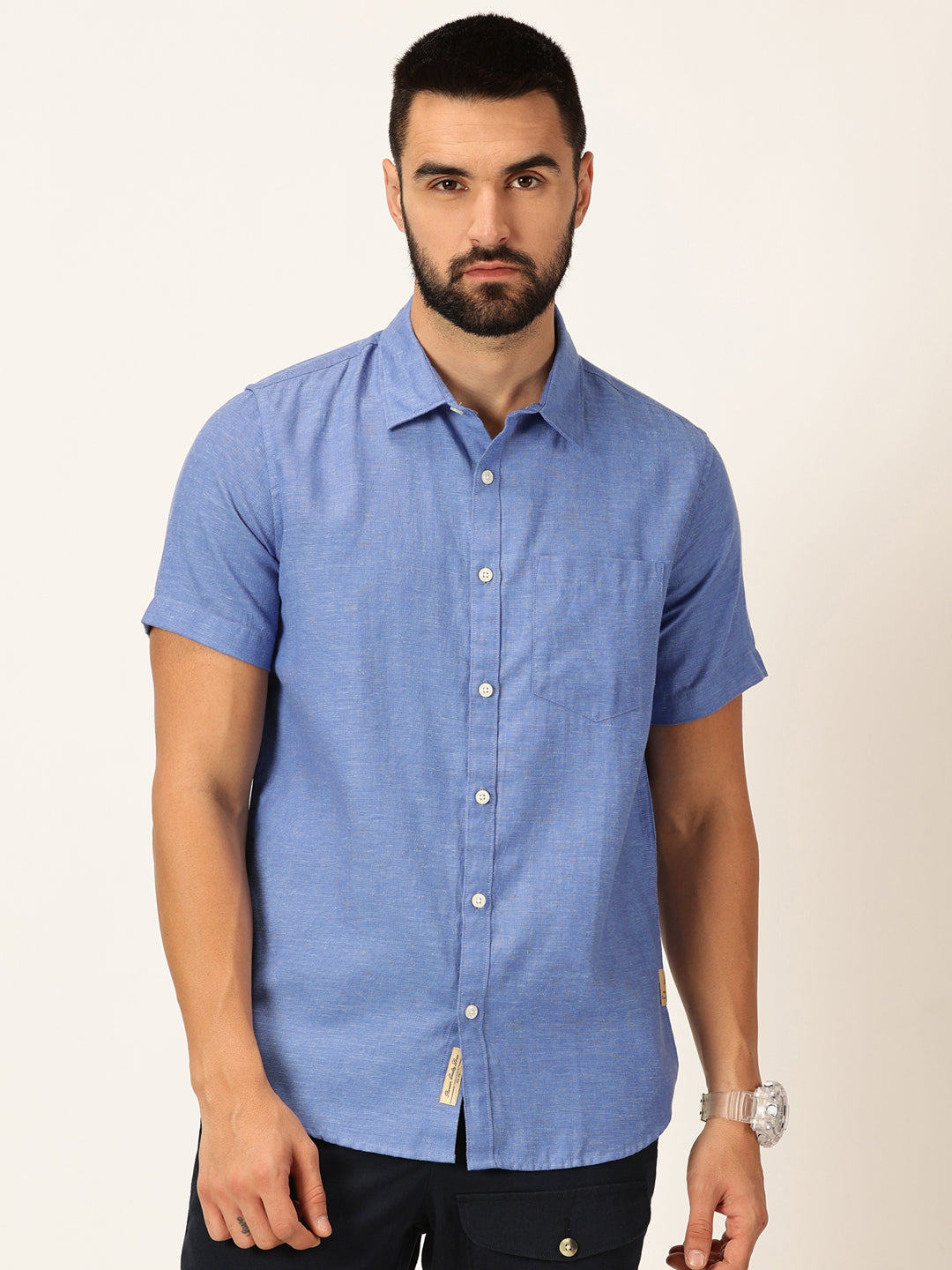 Thomas Scott Men Blue Premium Slim Fit Short Sleeves Spread Collar Solid Cotton Linen Casual Shirt
