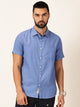 Thomas Scott Men Blue Premium Slim Fit Short Sleeves Spread Collar Solid Cotton Linen Casual Shirt