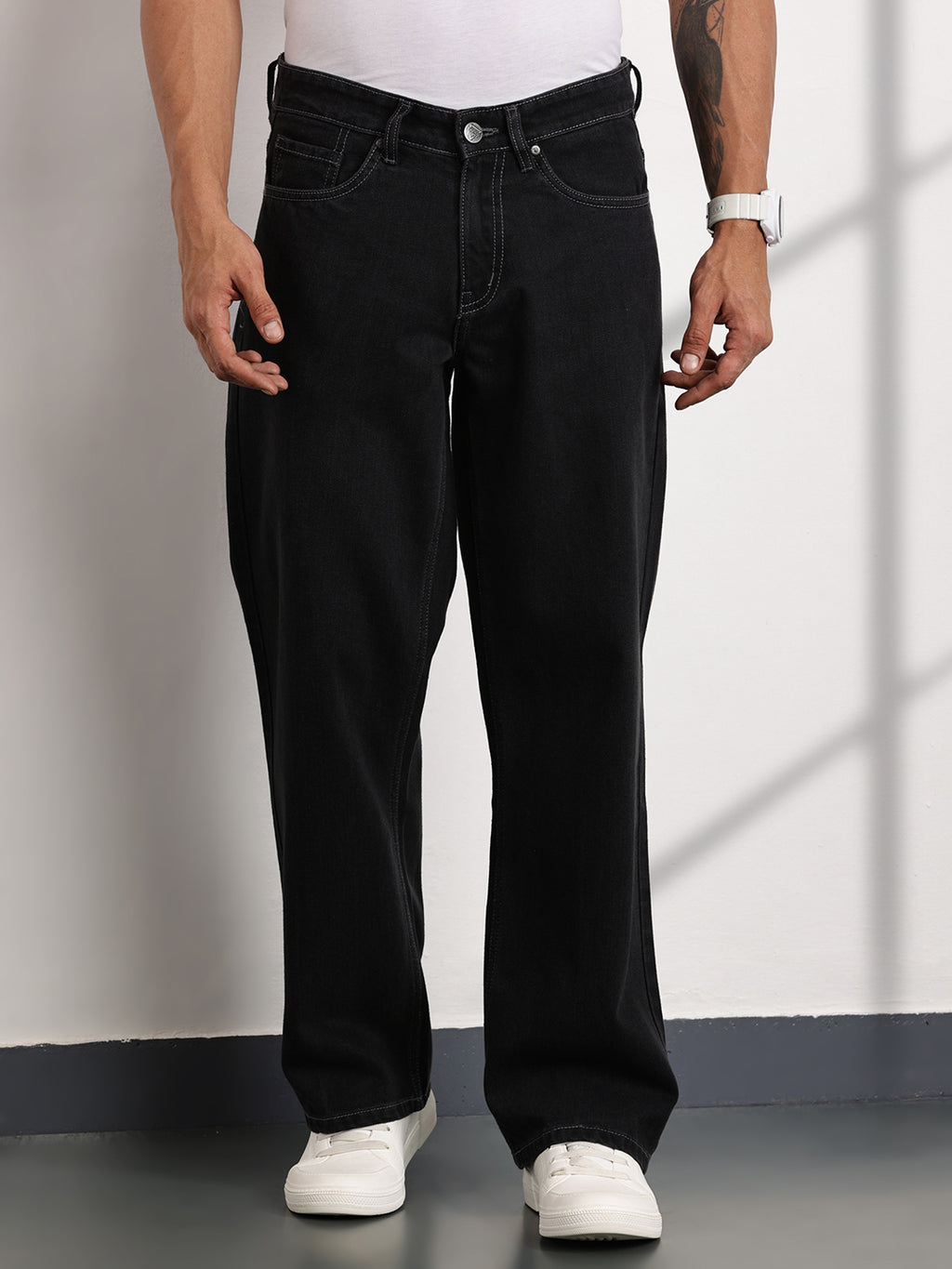 Thomas Scott Men DarkGrey Mid-Rise Baggy Fit Cotton Non Stretchable Jeans