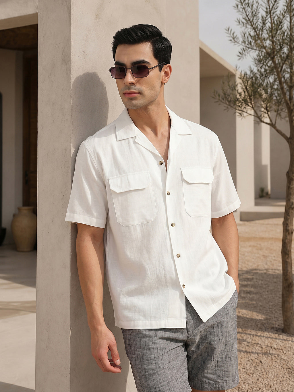 Thomas Scott Men Premium White Oversize Fit Short Sleeves Cuban Collar Textured Casual Shirt