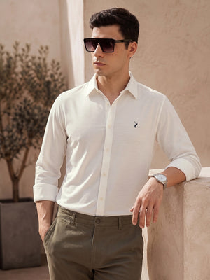 Off White Premium Regular Fit Long Sleeves Spread Collar Solid Knitted Casual Shirt For Men