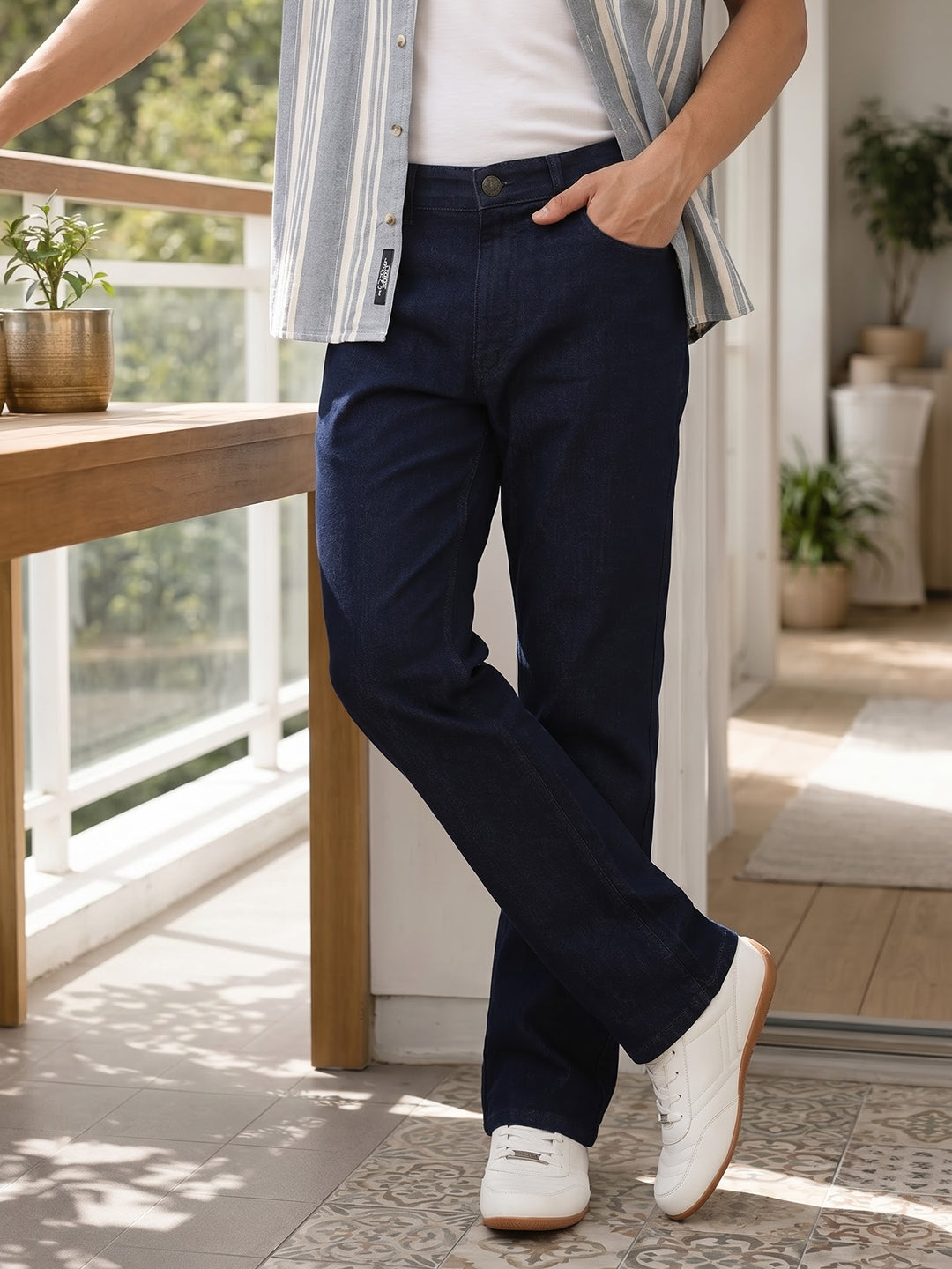 Dark Blue Smart Bootcut Fit Mid-Rise Clean Look Stretchable Jeans For Men