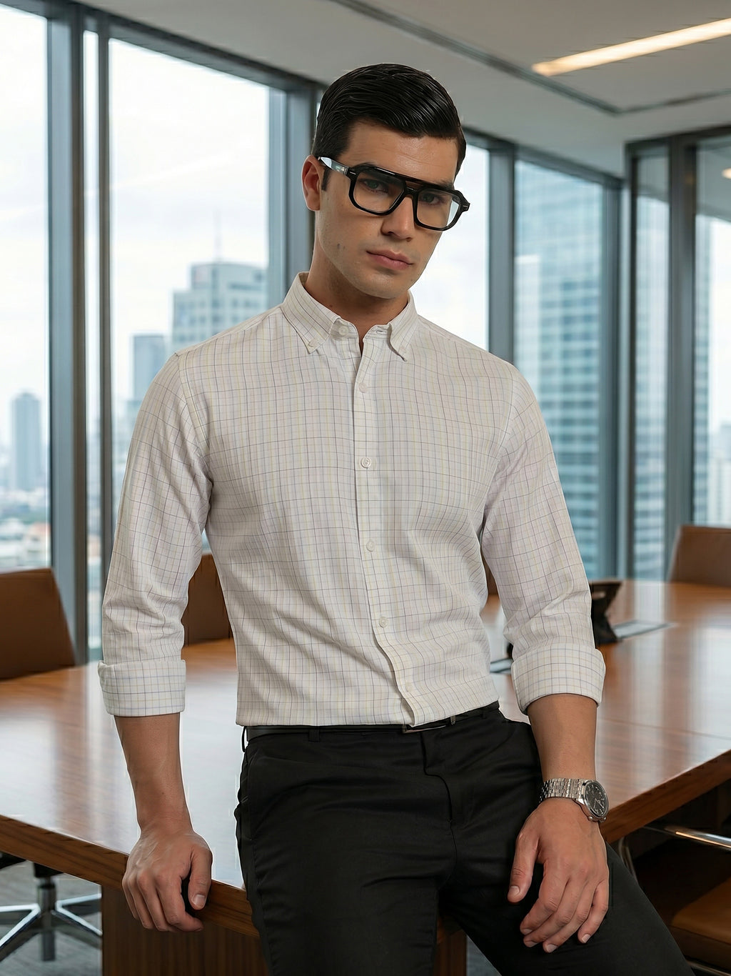 Thomas Scott Men Smart White1 Regular Fit Long Sleeves Button Down Collar Windowpane Checks Formal Shirt