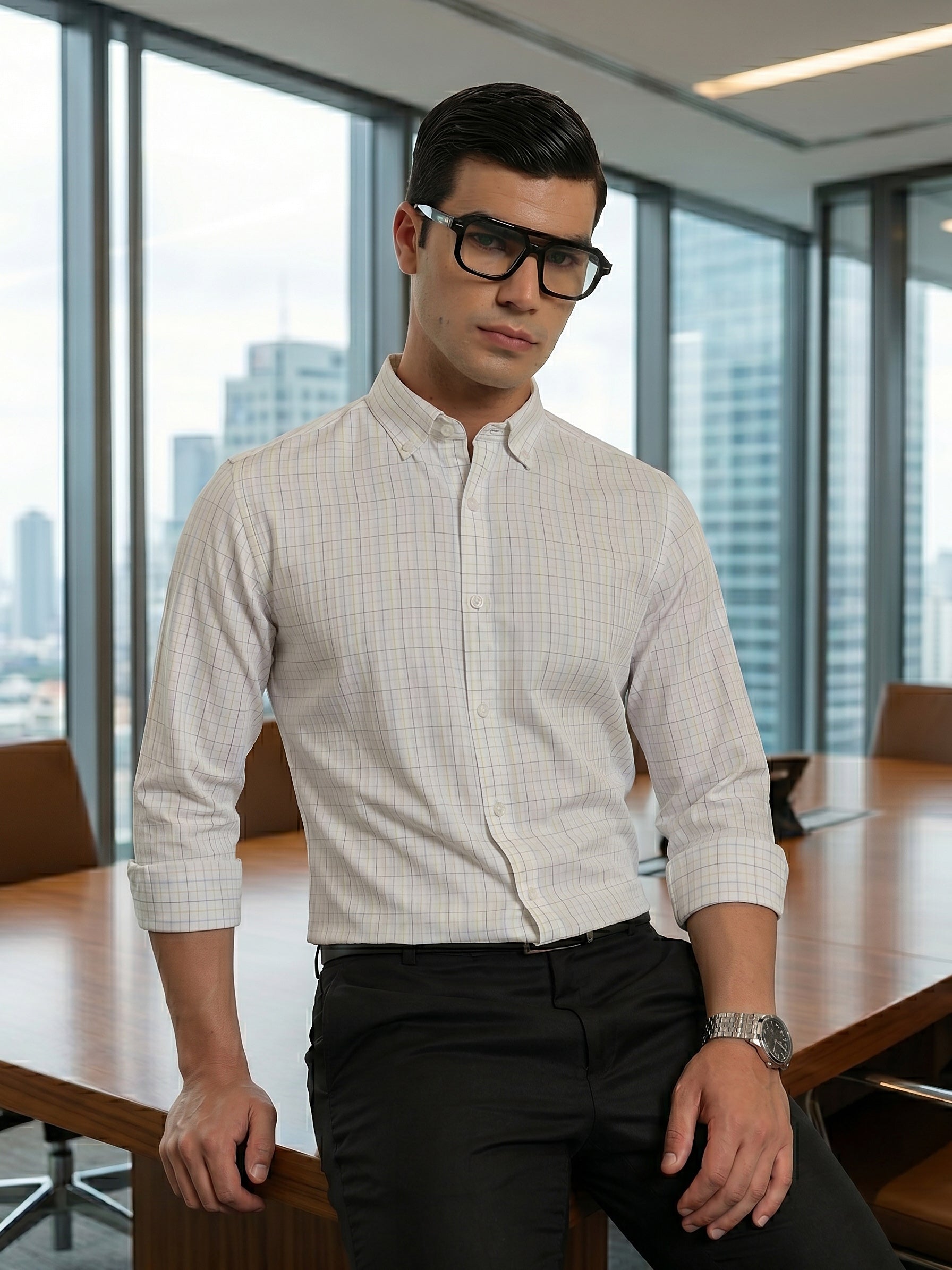 Thomas Scott Men Smart White1 Regular Fit Long Sleeves Button Down Collar Windowpane Checks Formal Shirt