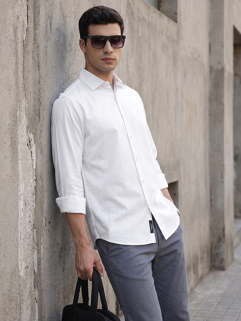 White Premium Slim Fit Solid Cotton Casual Shirt For Men