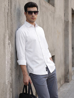 White Premium Slim Fit Solid Cotton Casual Shirt For Men