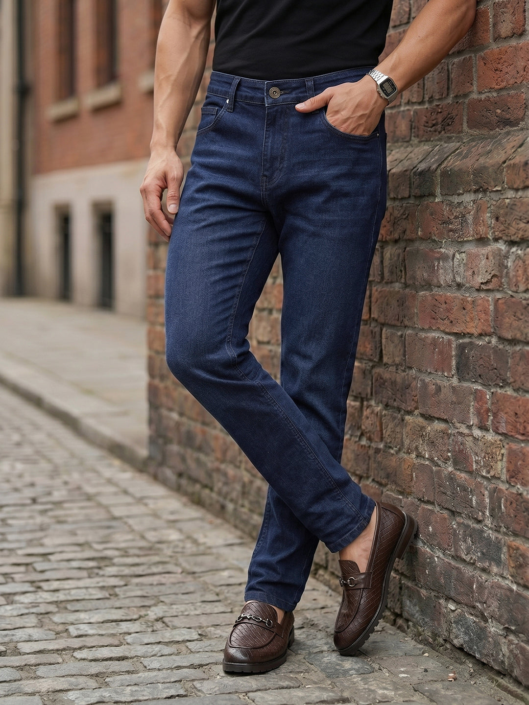 Thomas Scott Men Dark Blue Smart Slim Fit Mid-Rise Light Fade Clean Look Stretchable Jeans