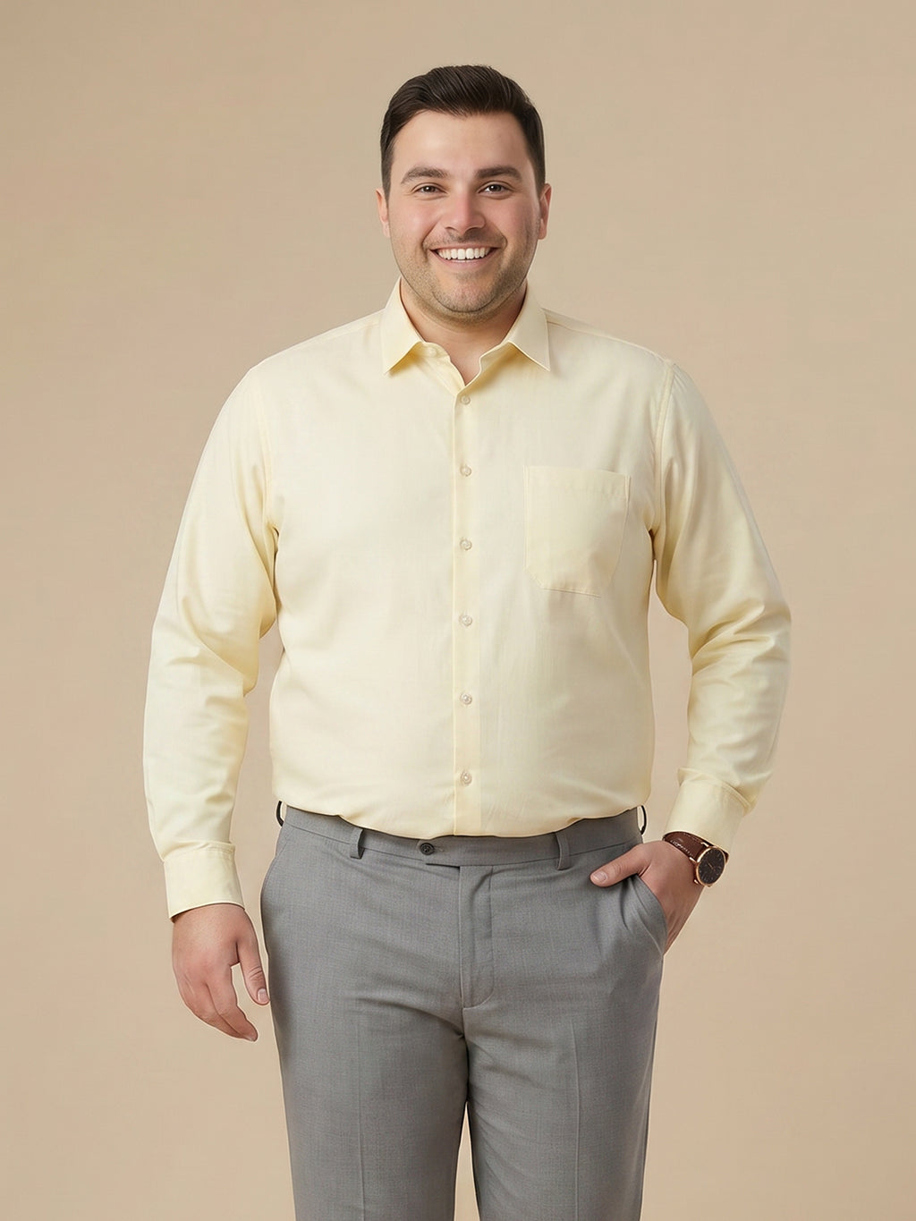 Thomas Scott Men Premium Lemon Plus Size Regular Fit Long Sleeves Spread Collar Textured Cotton Formal Shirt