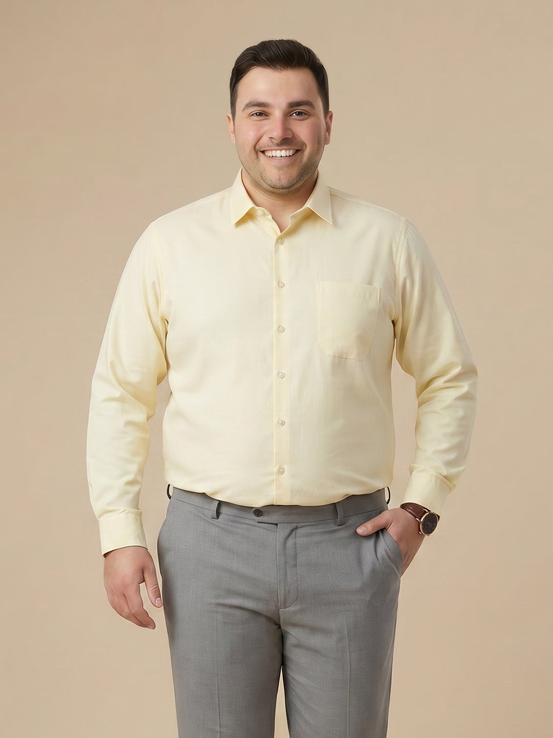 Thomas Scott Men Premium Lemon Plus Size Regular Fit Long Sleeves Spread Collar Textured Cotton Formal Shirt