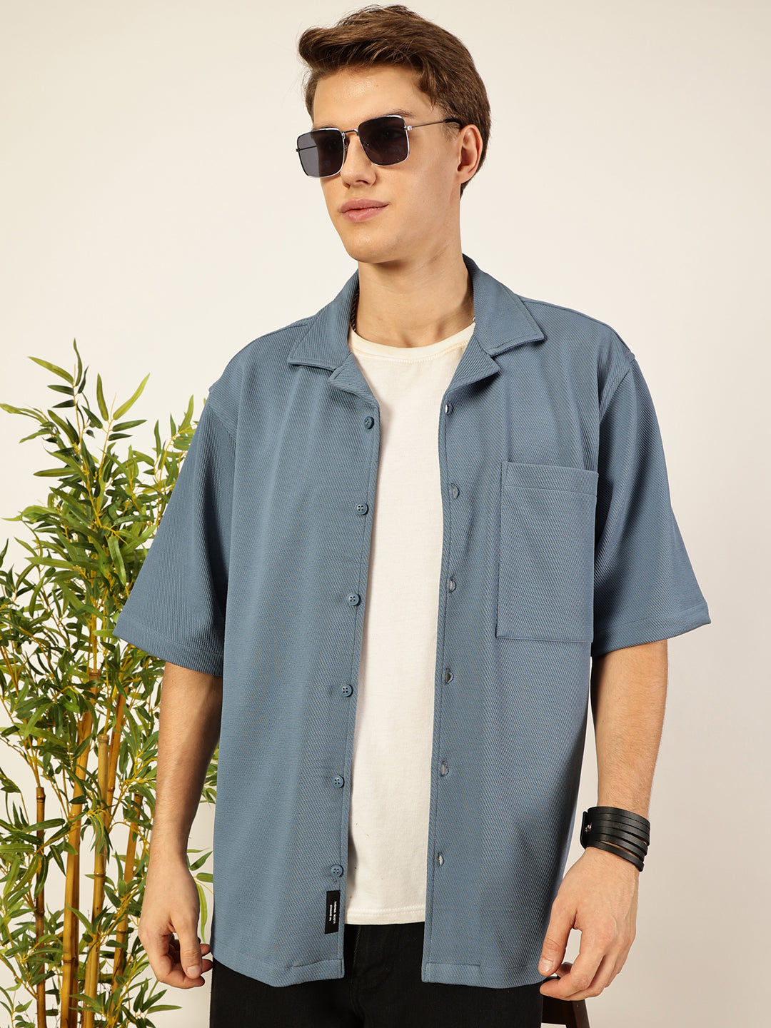 Thomas Scott Men Mid Blue Premium Short Sleeves Regular Fit Cuban Collar Textured Cotton Twill Shirt