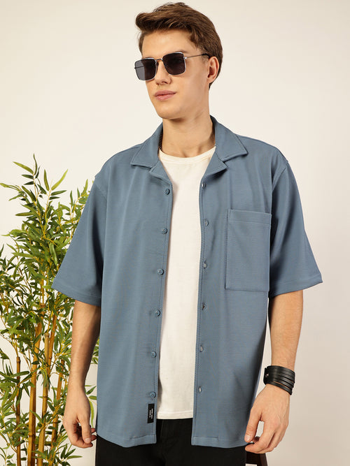 Thomas Scott Men Mid Blue Premium Short Sleeves Regular Fit Cuban Collar Textured Cotton Twill Shirt