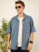 Thomas Scott Men Mid Blue Premium Short Sleeves Regular Fit Cuban Collar Textured Cotton Twill Shirt
