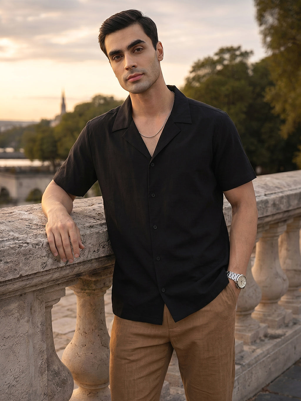 Thomas Scott Men Premium Black Oversize Fit Short Sleeves Cuban Collar Solid Casual Shirt