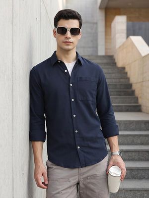 Navy Blue Premium Regular Fit Long Sleeves Spread Collar Textured Cotton Casual Shirt For Men