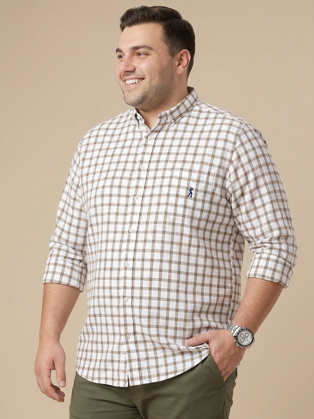 Thomas Scott Men Premium Brown Plus Size Regular Fit Long Sleeves Button Down Collar Gingham Checks Cotton Linen Casual Shirt