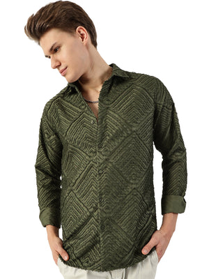 Thomas Scott Men Green Premium Long Sleeves Slim Fit Spread Collar Textured Casual Shirt