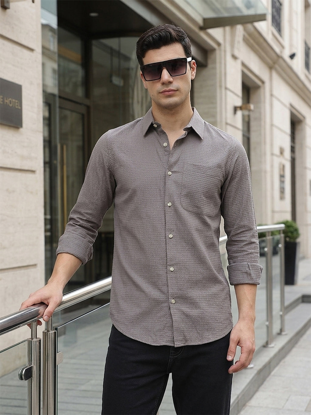 Grey Premium Regular Fit Long Sleeves Spread Collar Textured Cotton Casual Shirt For Men
