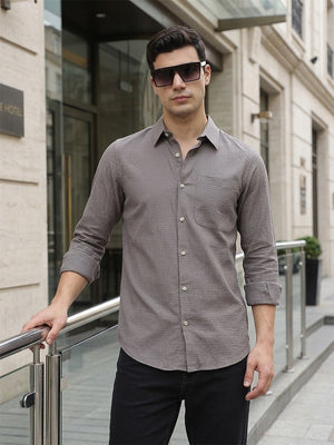 Grey Premium Regular Fit Long Sleeves Spread Collar Textured Cotton Casual Shirt For Men