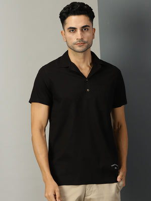 Thomas Scott Men Black Classic Short Sleeves Regular Fit Spread Collar Solid Cotton Casual Shirt