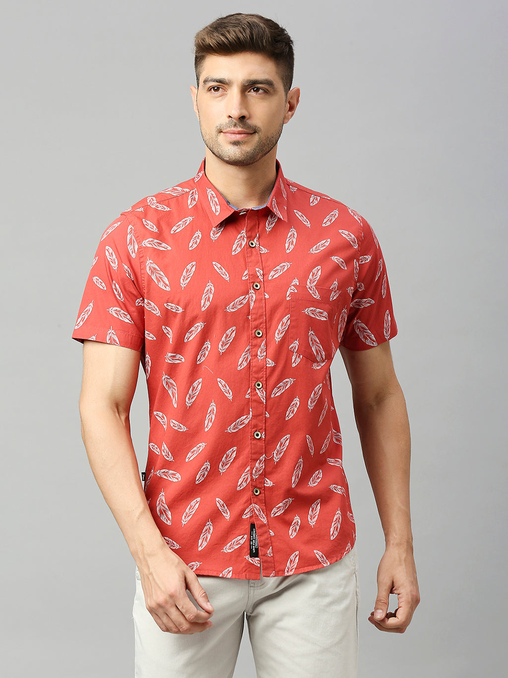 Thomas Scott Men Coral Classic Short Sleeves Slim Fit Spread Collar Floral Printed Cotton Casual Shirt