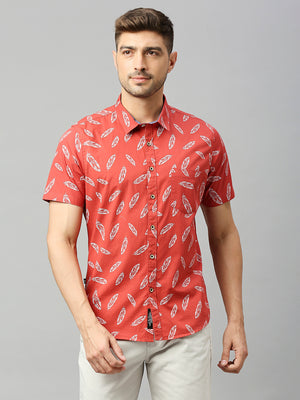 Thomas Scott Men Coral Classic Short Sleeves Slim Fit Spread Collar Floral Printed Cotton Casual Shirt