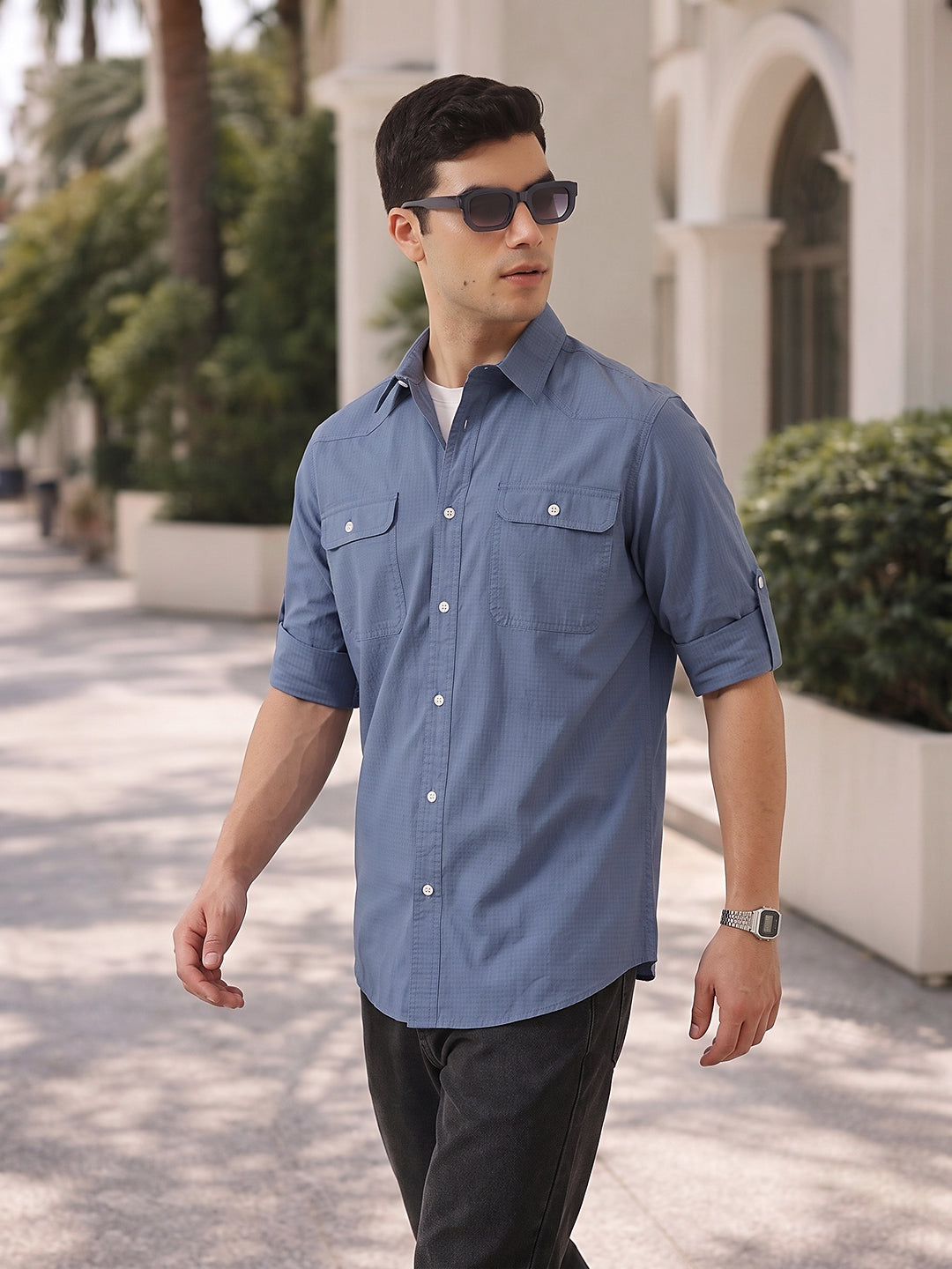 Mid Blue Roll-Up Sleeve Regular Fit Spread Collar Textured Cotton Casual Shirt For Men