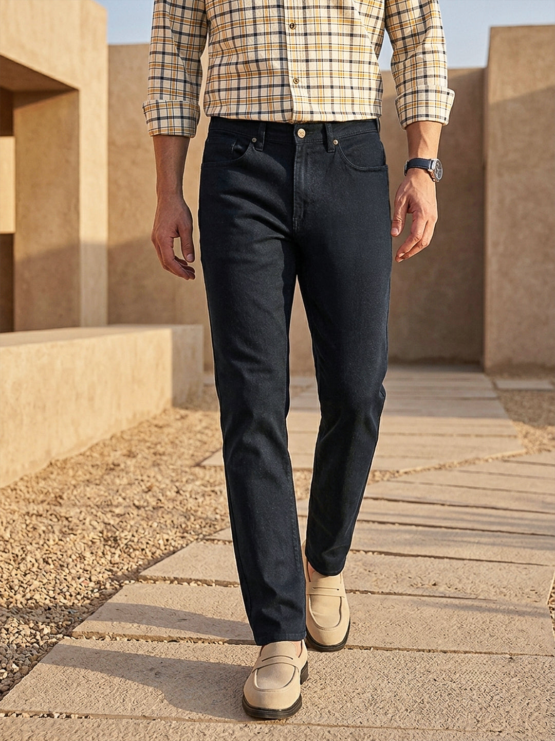 Black Smart Straight Fit Mid-Rise Solid Woven Trouser For Men