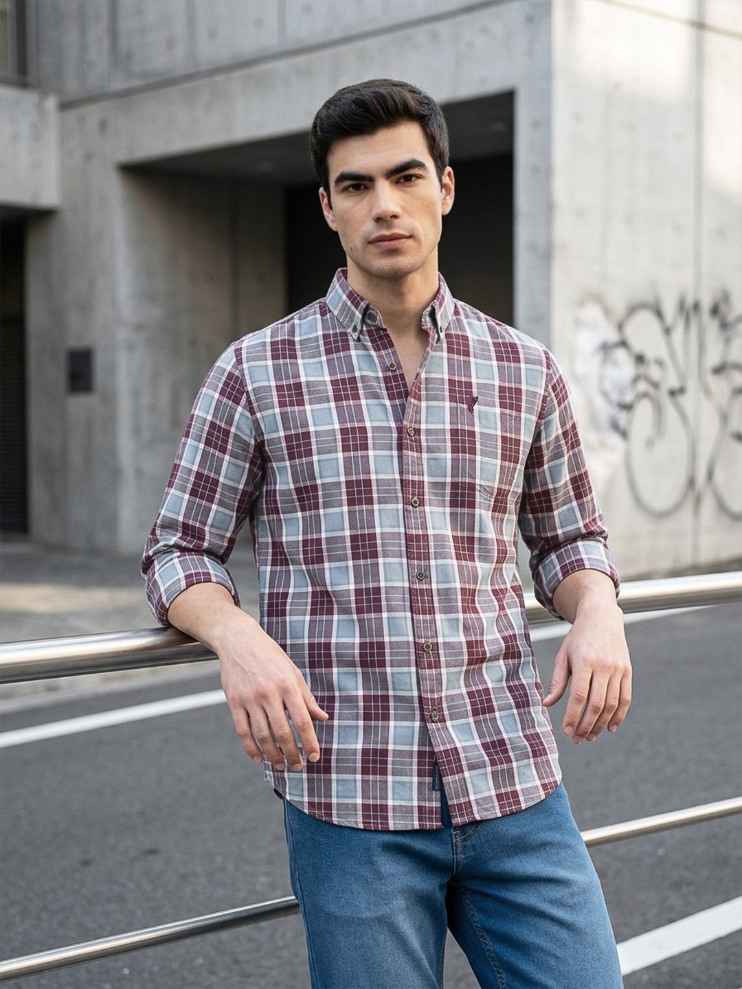 Maroon Premium Regular Fit Tartan Checks Cotton Oxford Shirt For Men