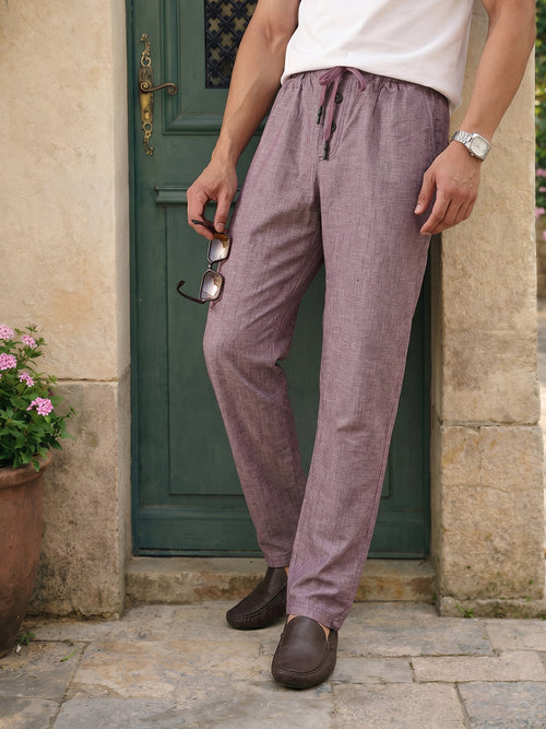 Thomas Scott Men Maroon Smart Relaxed Fit Mid-Rise Solid Cotton Linen Pleated Casual Trousers