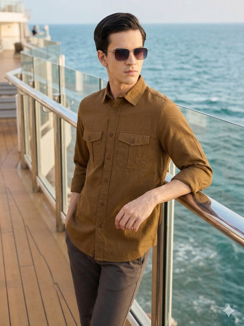 Thomas Scott Men Khaki Cricket Club Collection Men Slim Fit Cotton Casual Shirt-Dual Flap Pocket