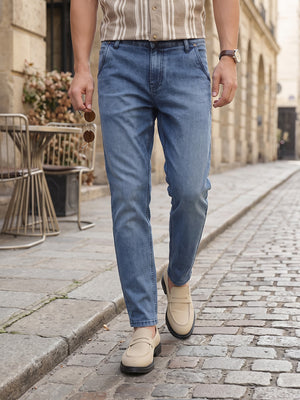 Mid Blue Smart Carrot Fit Mid-Rise Clean Look Stretchable Jeans For Men