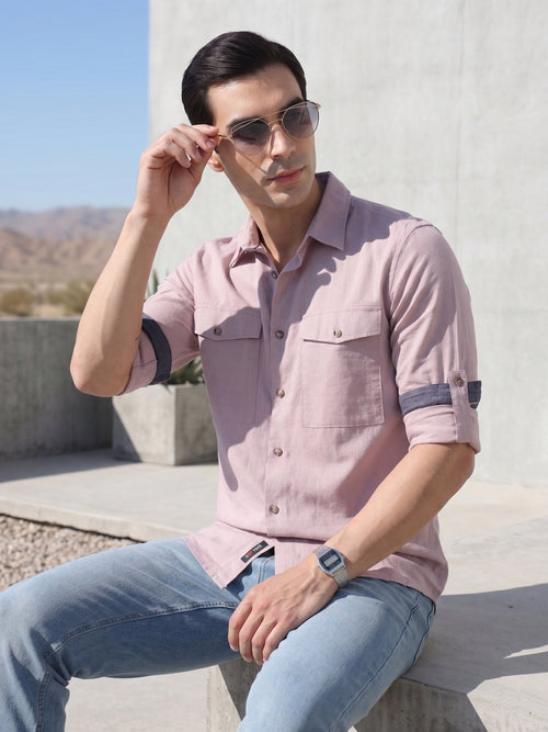 Thomas Scott Men Lilac Premium Slim Fit Long Roll-Up Sleeves Spread Collar Solid Cotton Casual Shirt with Flap Pockets