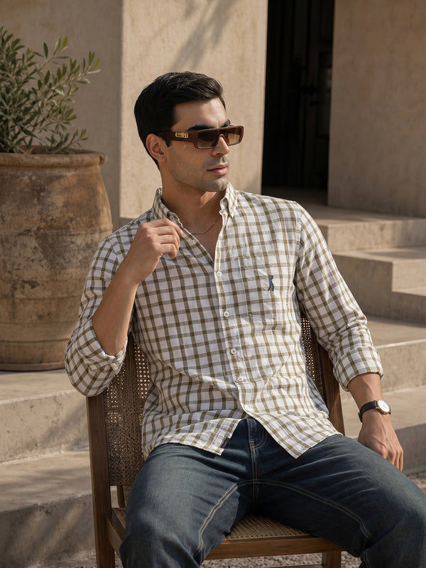 Thomas Scott Men Brown Regular Fit Long Sleeves Gingham Checks Button Down Collar Cotton Linen Casual Shirts