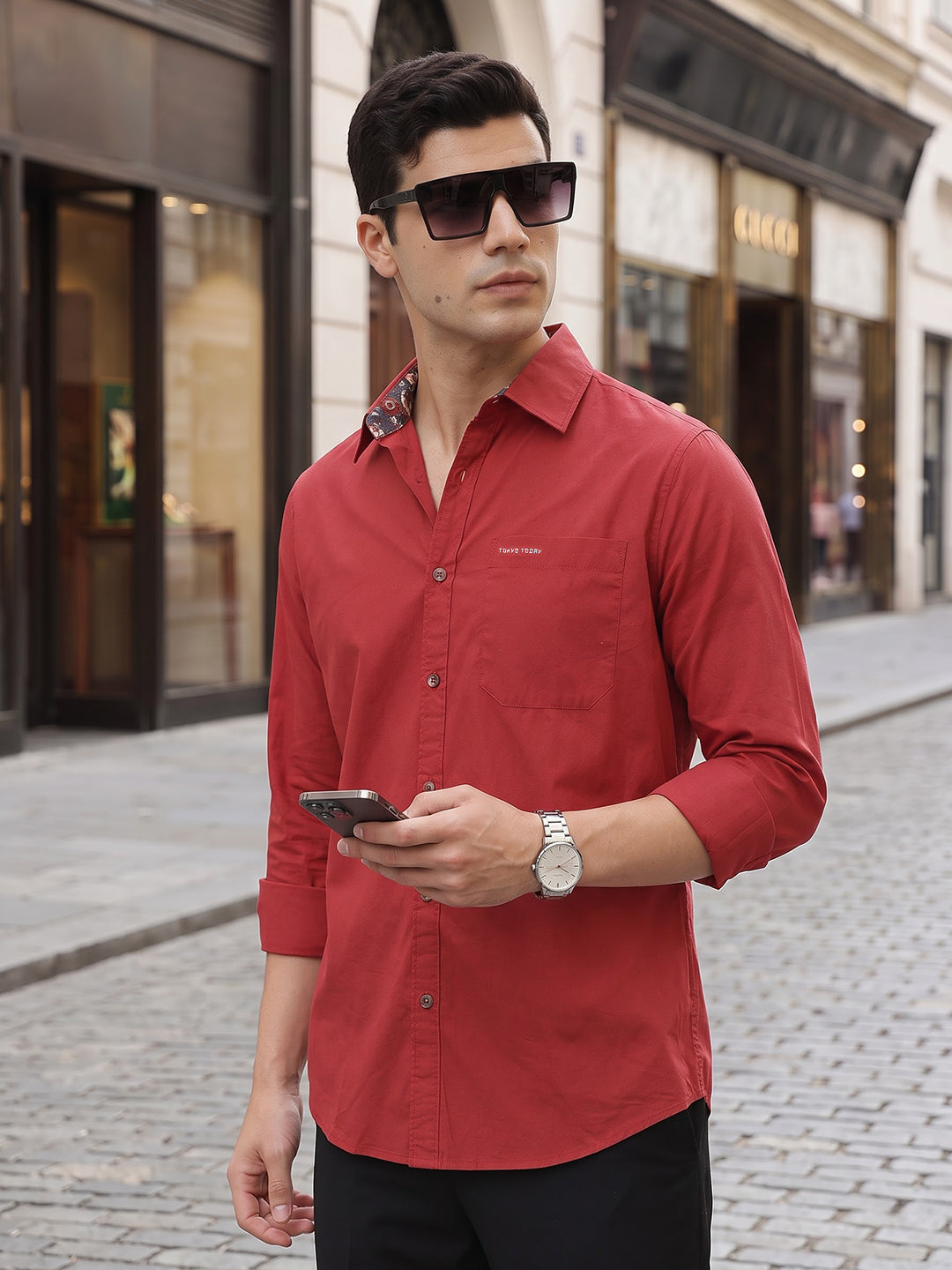 Maroon Premium Regular Fit Long Sleeves Spread Collar Solid Cotton Casual Shirt For Men